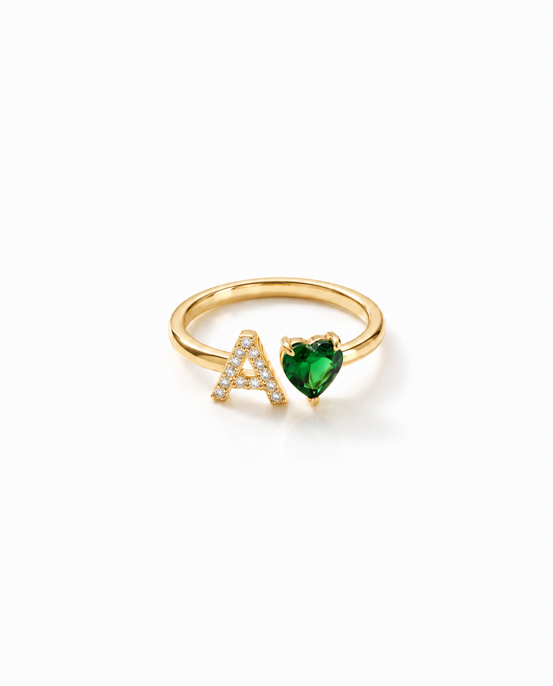 Personalized Gold Initial Ring with Heart Birthstone