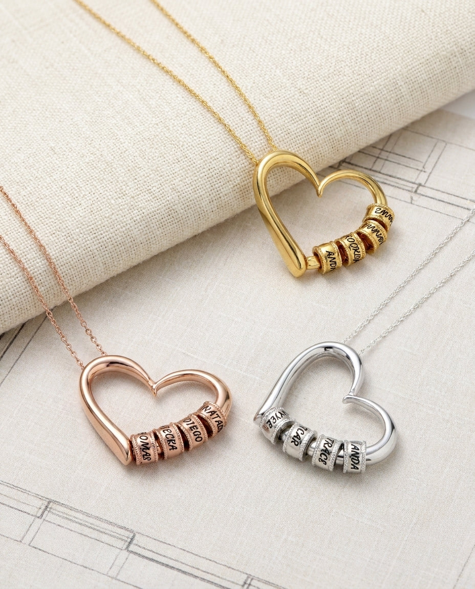 Personalized Heart Necklace with Custom Name Beads - Family Gift