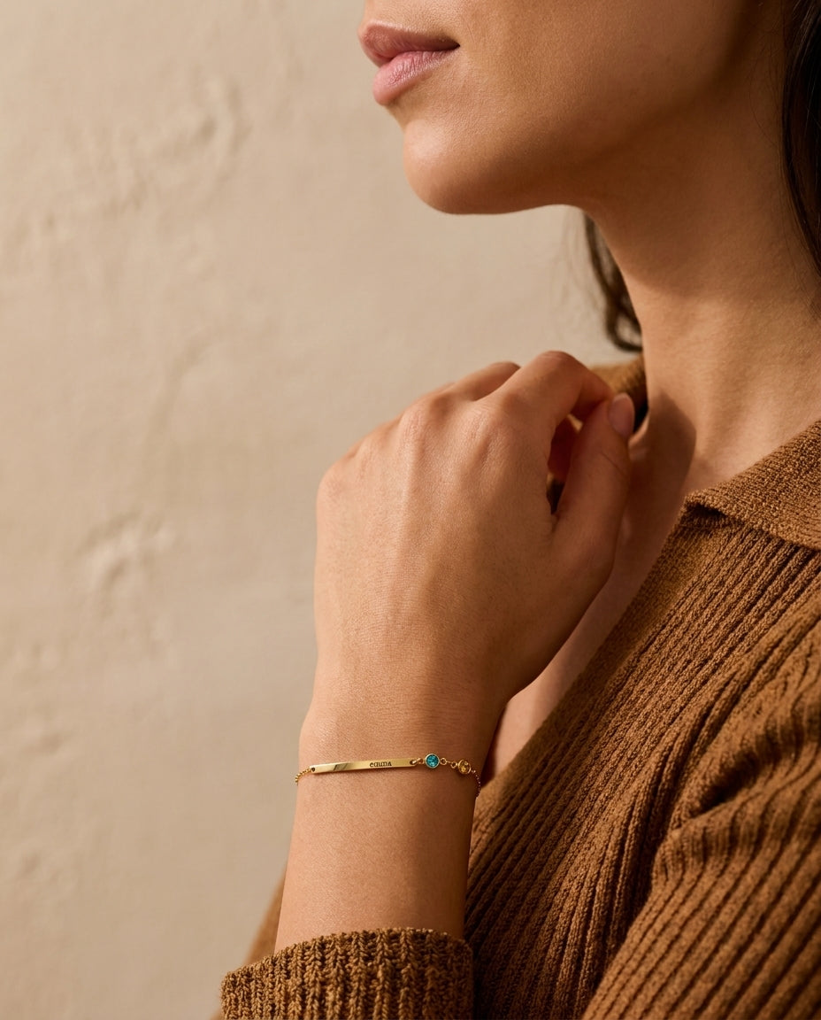 Personalized Name Bar Bracelet with Birthstones - Dainty Gold Jewelry
