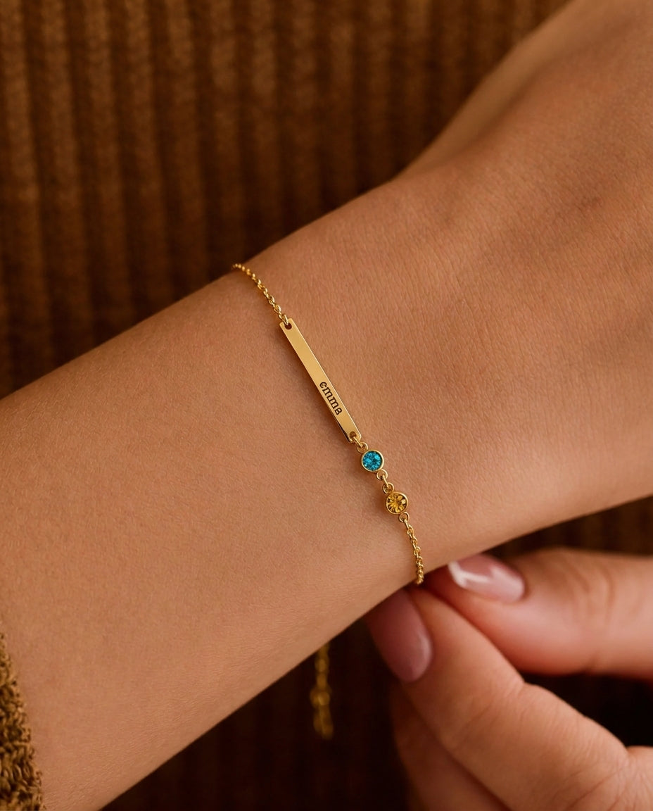 Personalized Name Bar Bracelet with Birthstones - Dainty Gold Jewelry