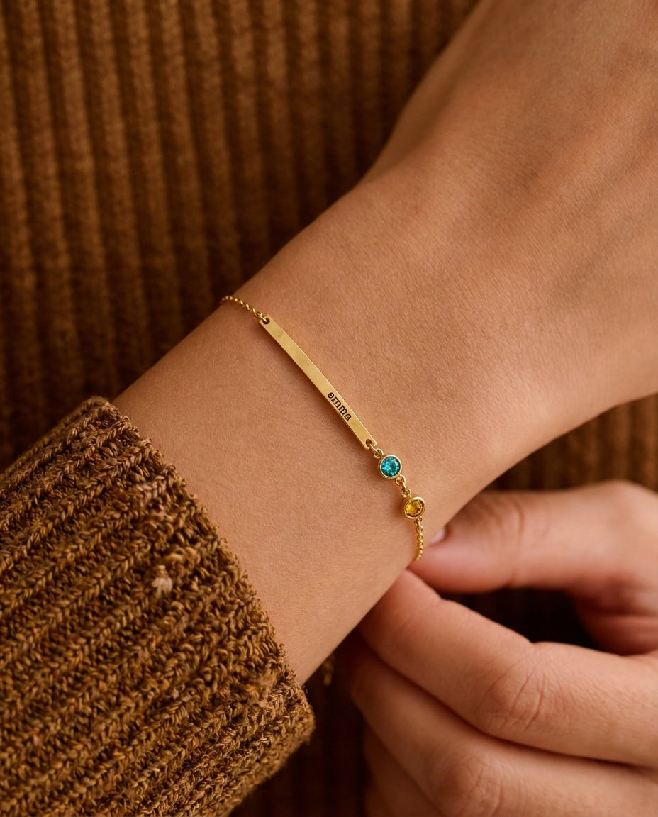 Personalized Name Bar Bracelet with Birthstones - Dainty Gold Jewelry