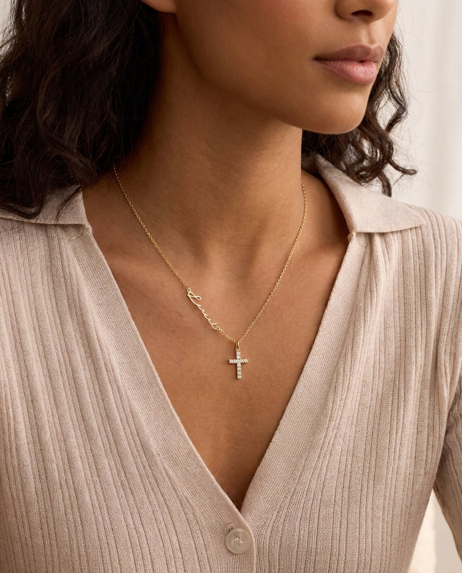 Personalized Name Necklace with Dainty Pavé Cross