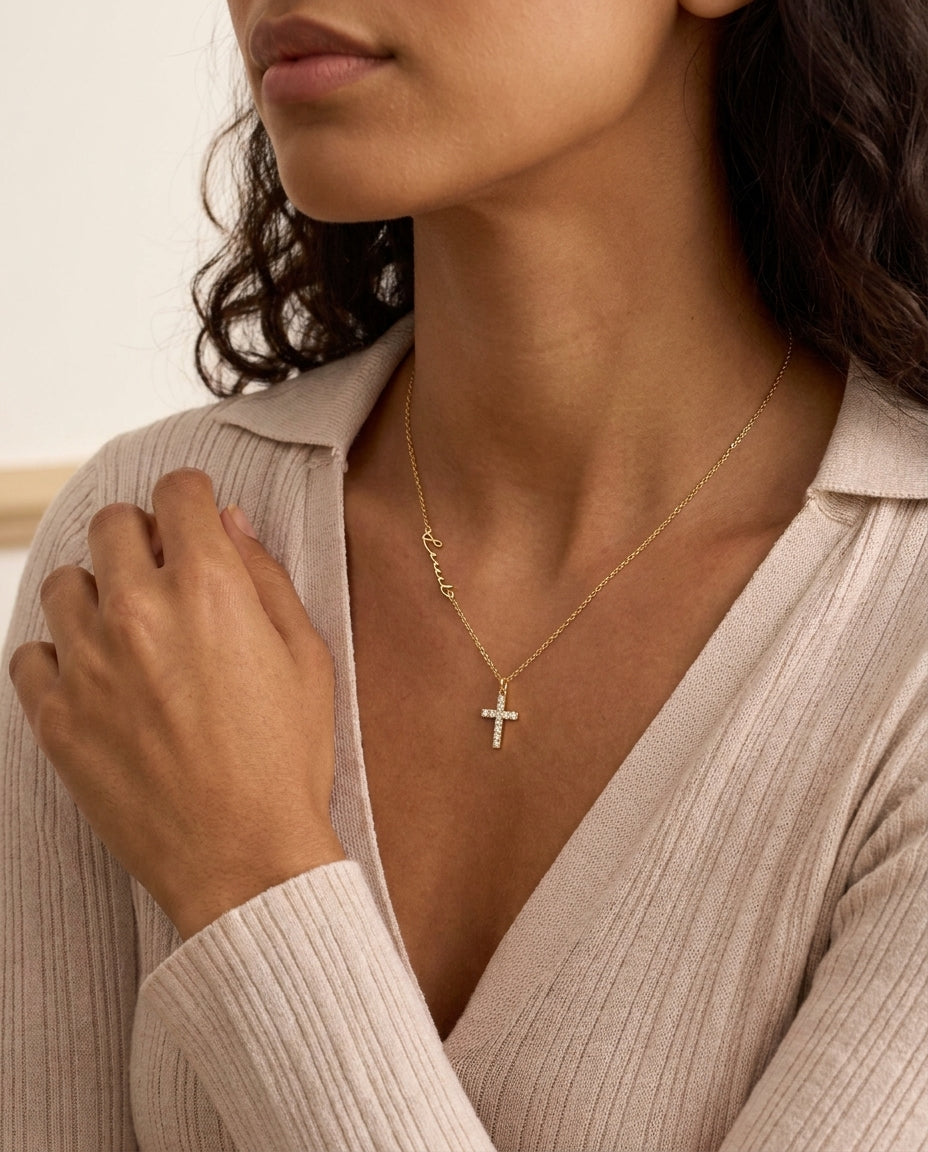 Personalized Name Necklace with Dainty Pavé Cross