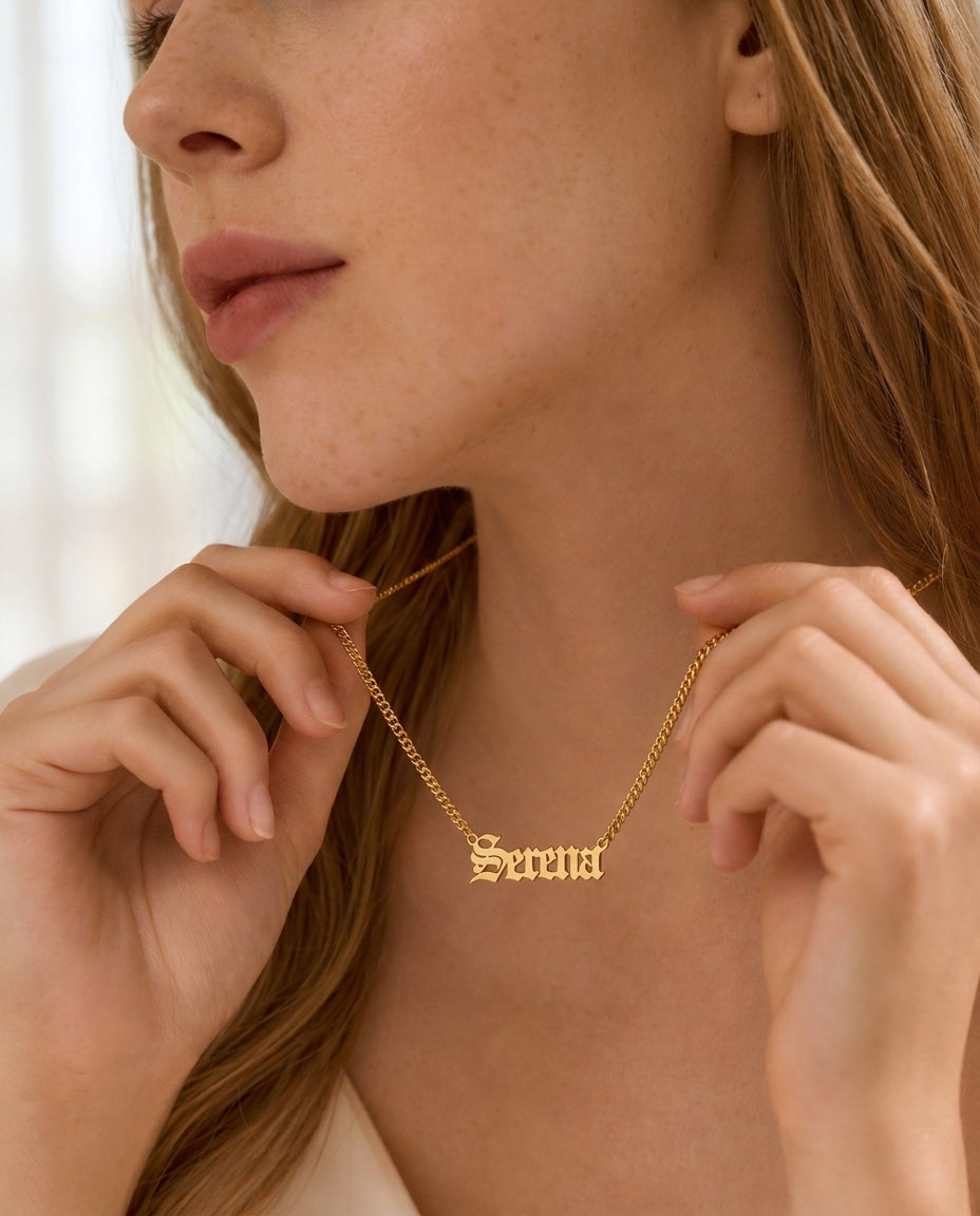 Personalized Old English Name Necklace - Gold Curb Chain