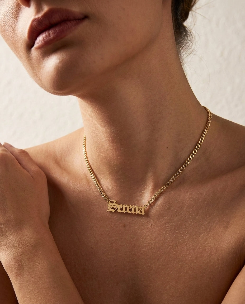 Personalized Old English Name Necklace - Gold Curb Chain