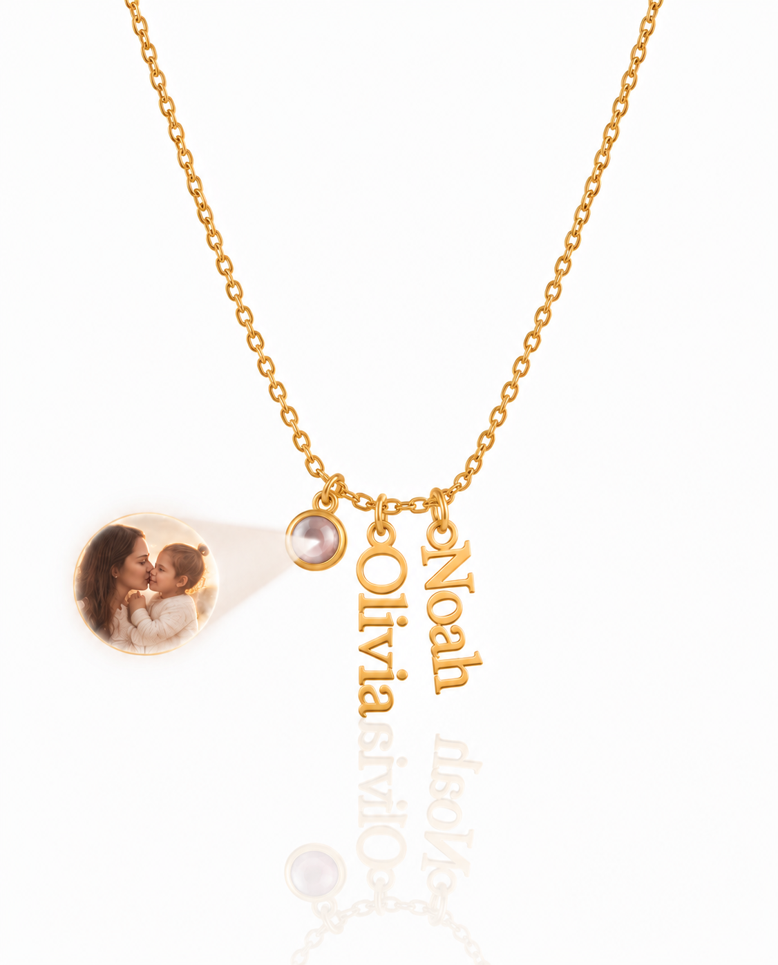 Personalized Photo Name Necklace with Birthstone in Gold
