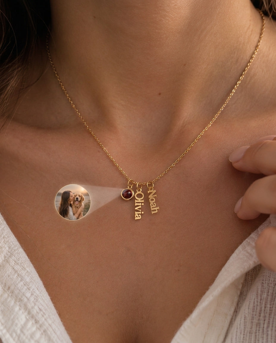 Personalized Photo Name Necklace with Birthstone in Gold