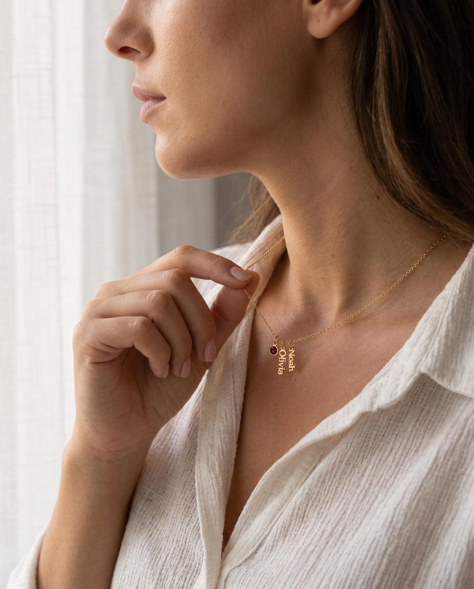 Personalized Photo Name Necklace with Birthstone in Gold