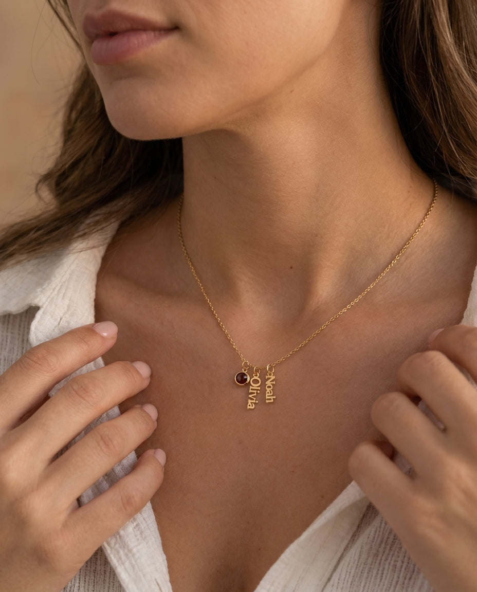 Personalized Photo Name Necklace with Birthstone in Gold