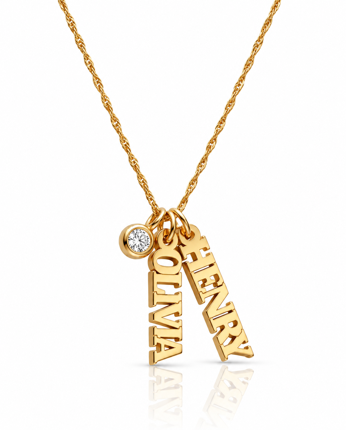 Personalized Vertical Name Necklace with Birthstone in Gold