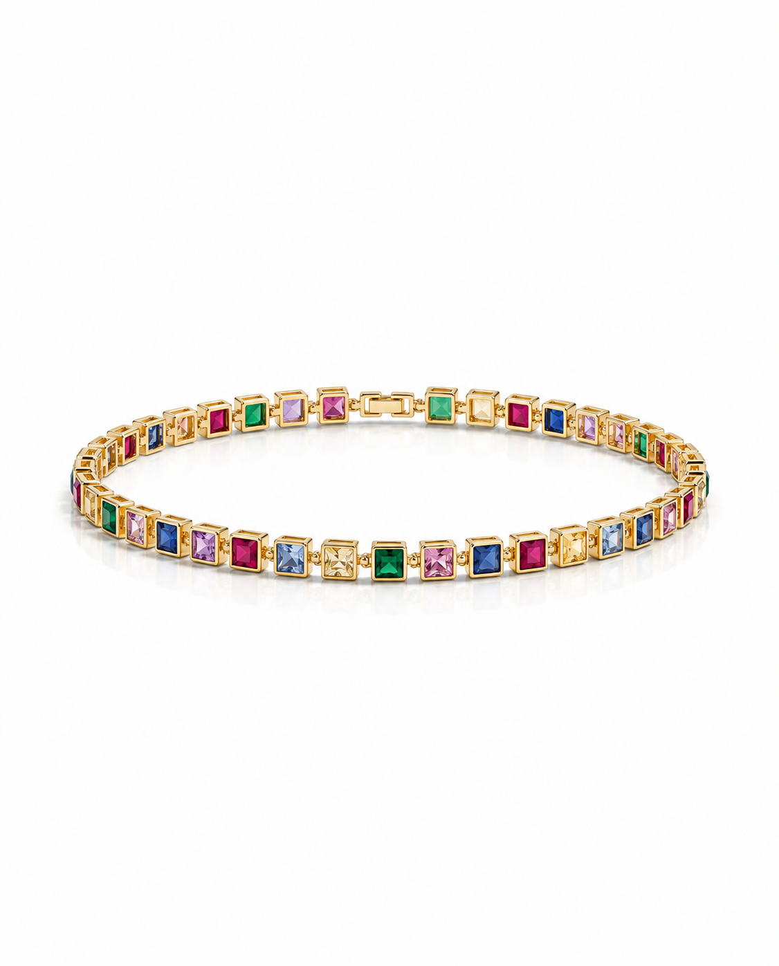 Rainbow Crystal Tennis Necklace - Gold Square-Cut Choker
