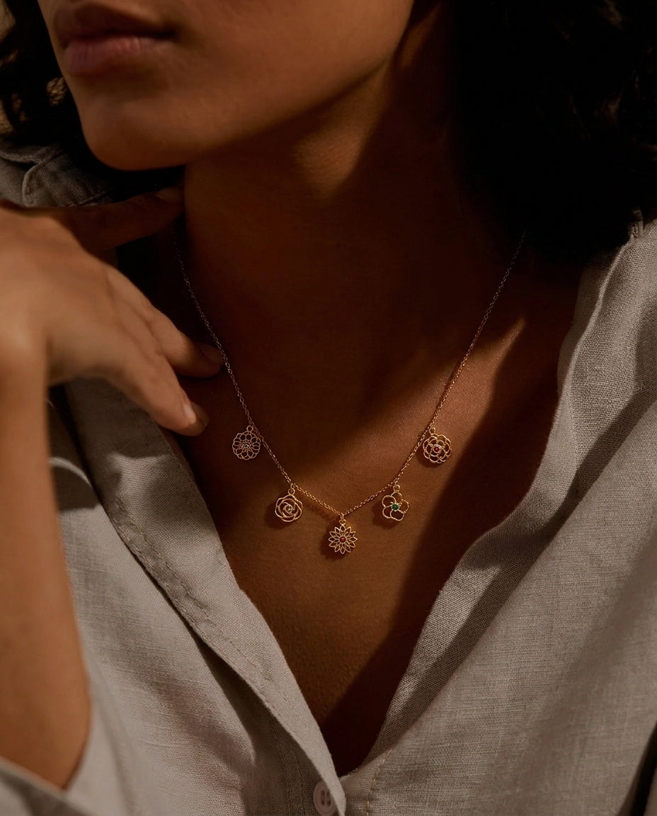 Dainty Gold Floral Charm Necklace with Gemstones