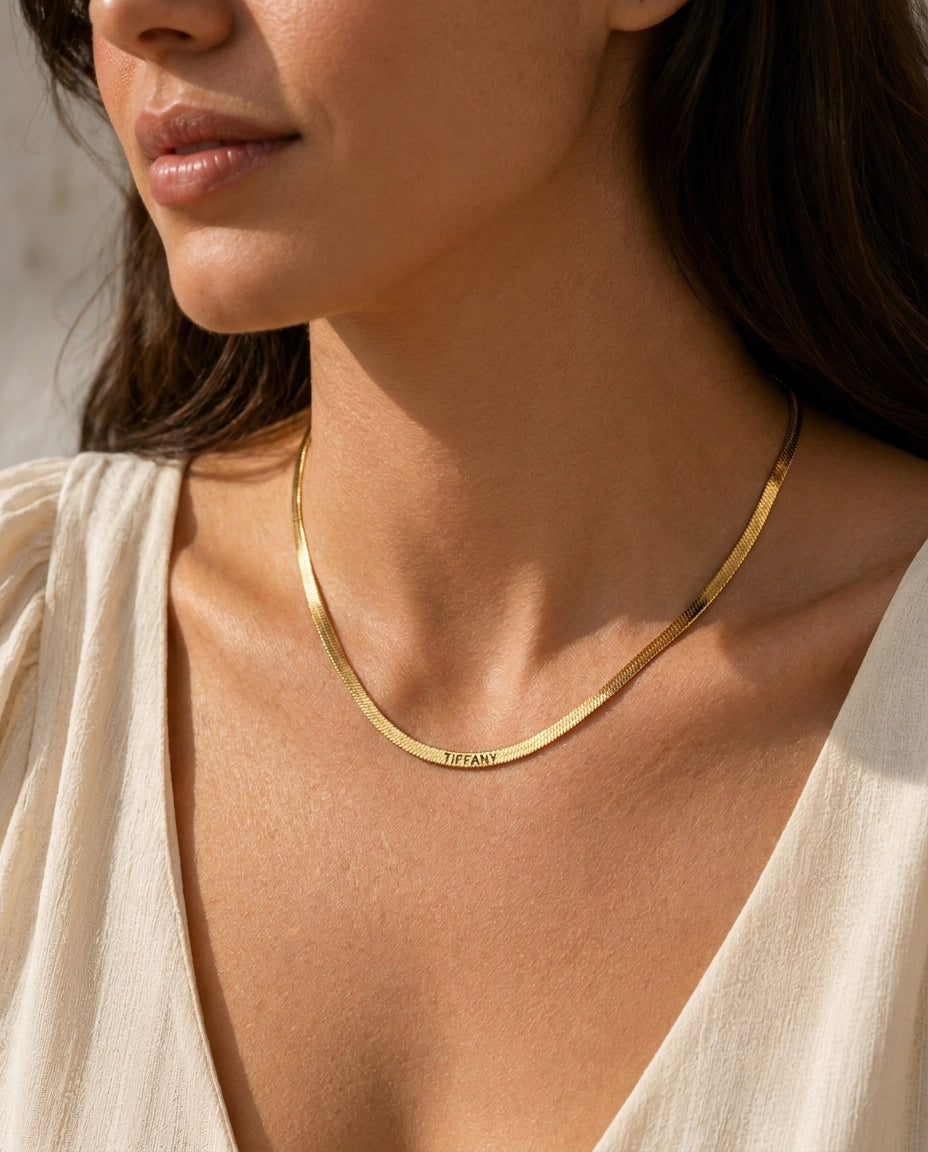 Personalized Engraved Gold Herringbone Name Necklace