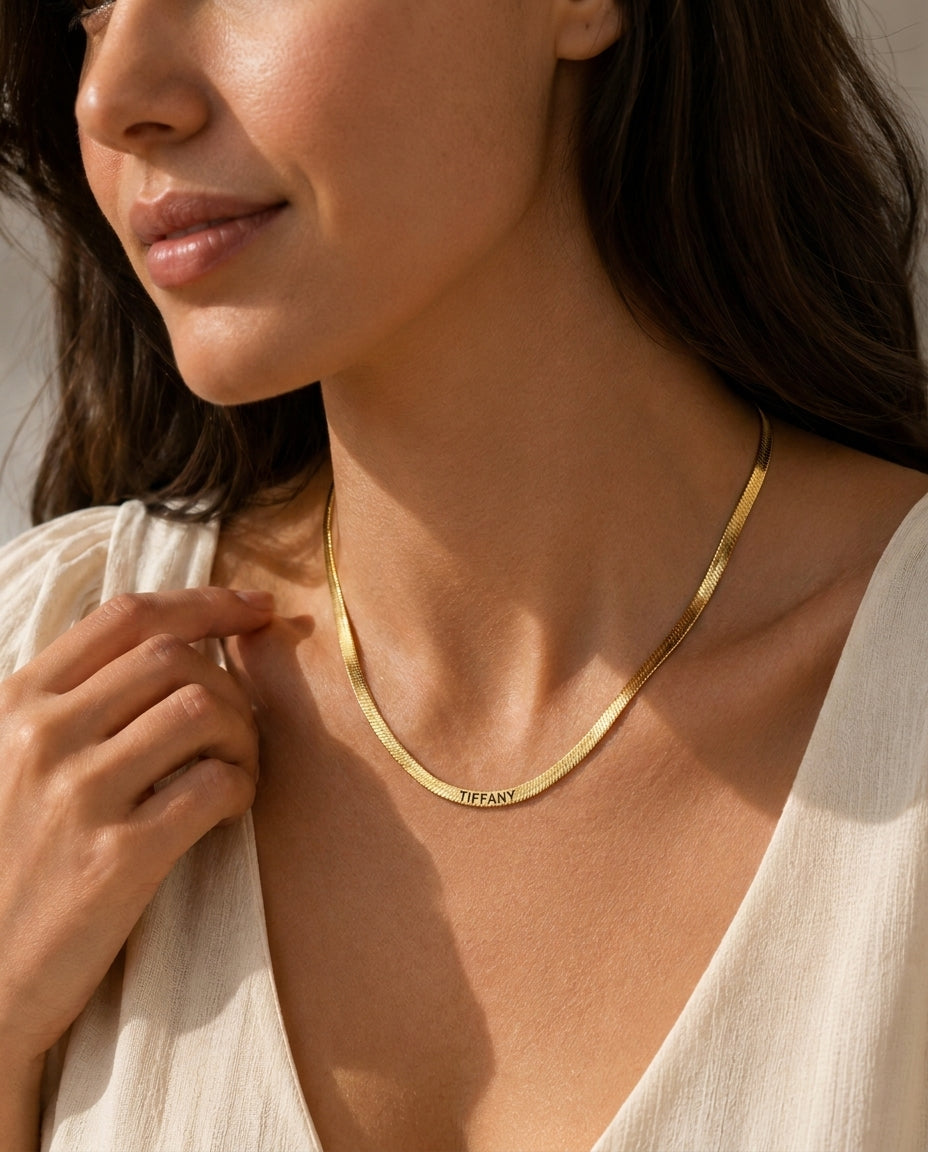 Personalized Engraved Gold Herringbone Name Necklace