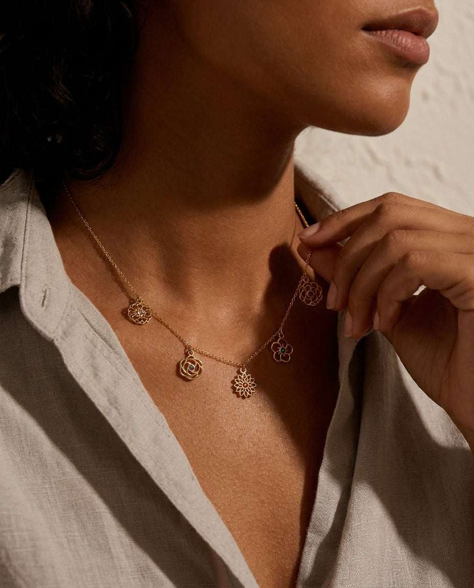 Dainty Gold Floral Charm Necklace with Gemstones