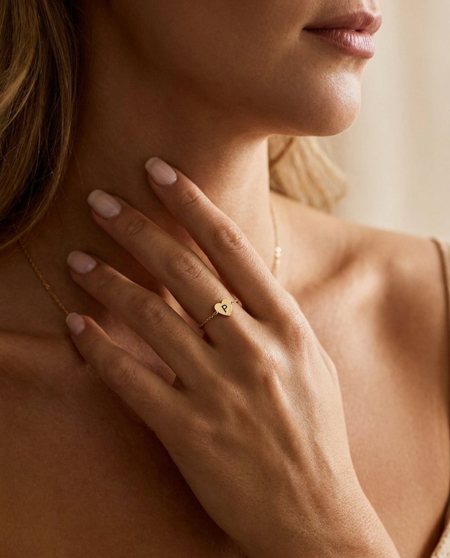 Personalized Gold Initial Heart Ring | Dainty Chain Ring