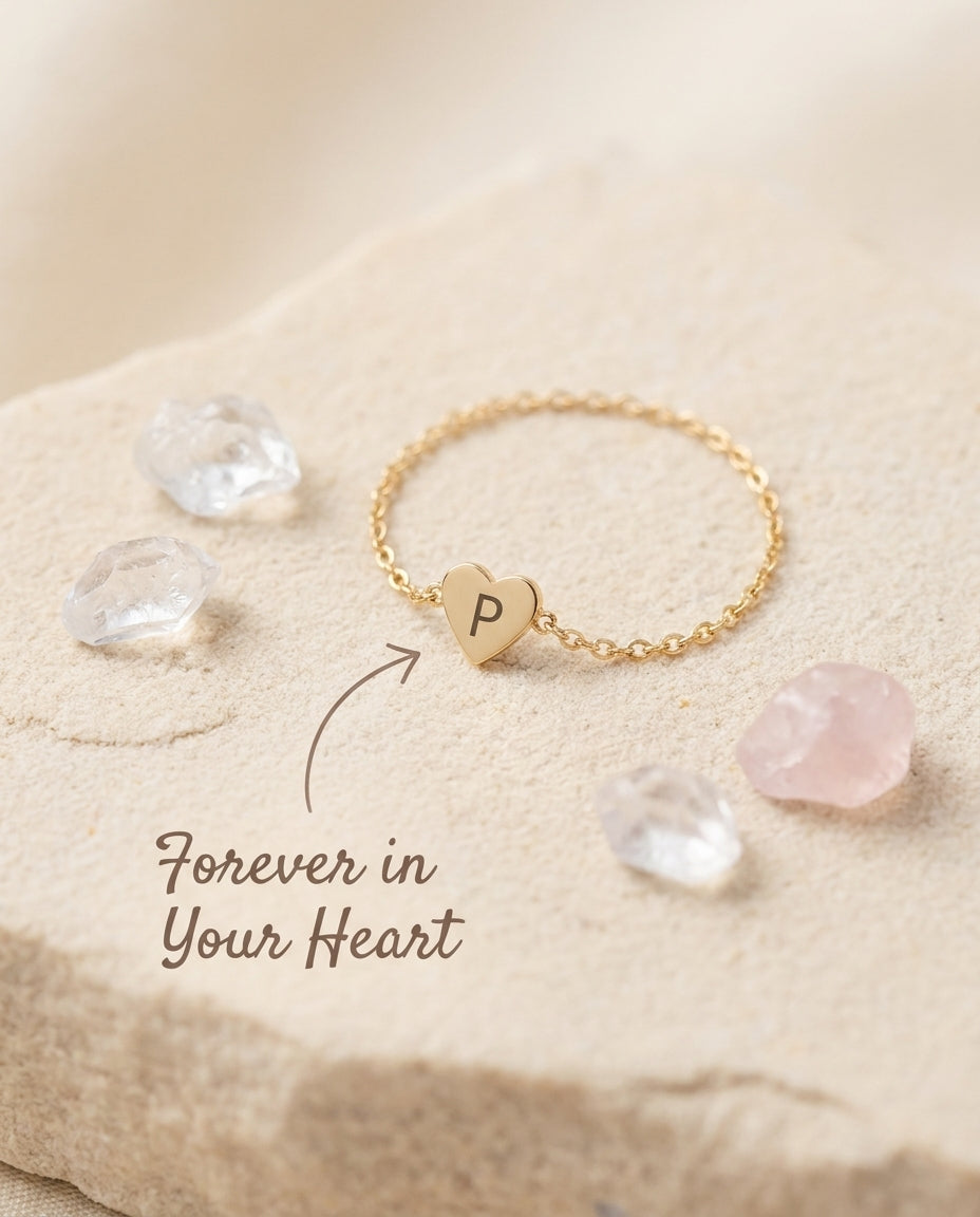 Personalized Gold Initial Heart Ring | Dainty Chain Ring