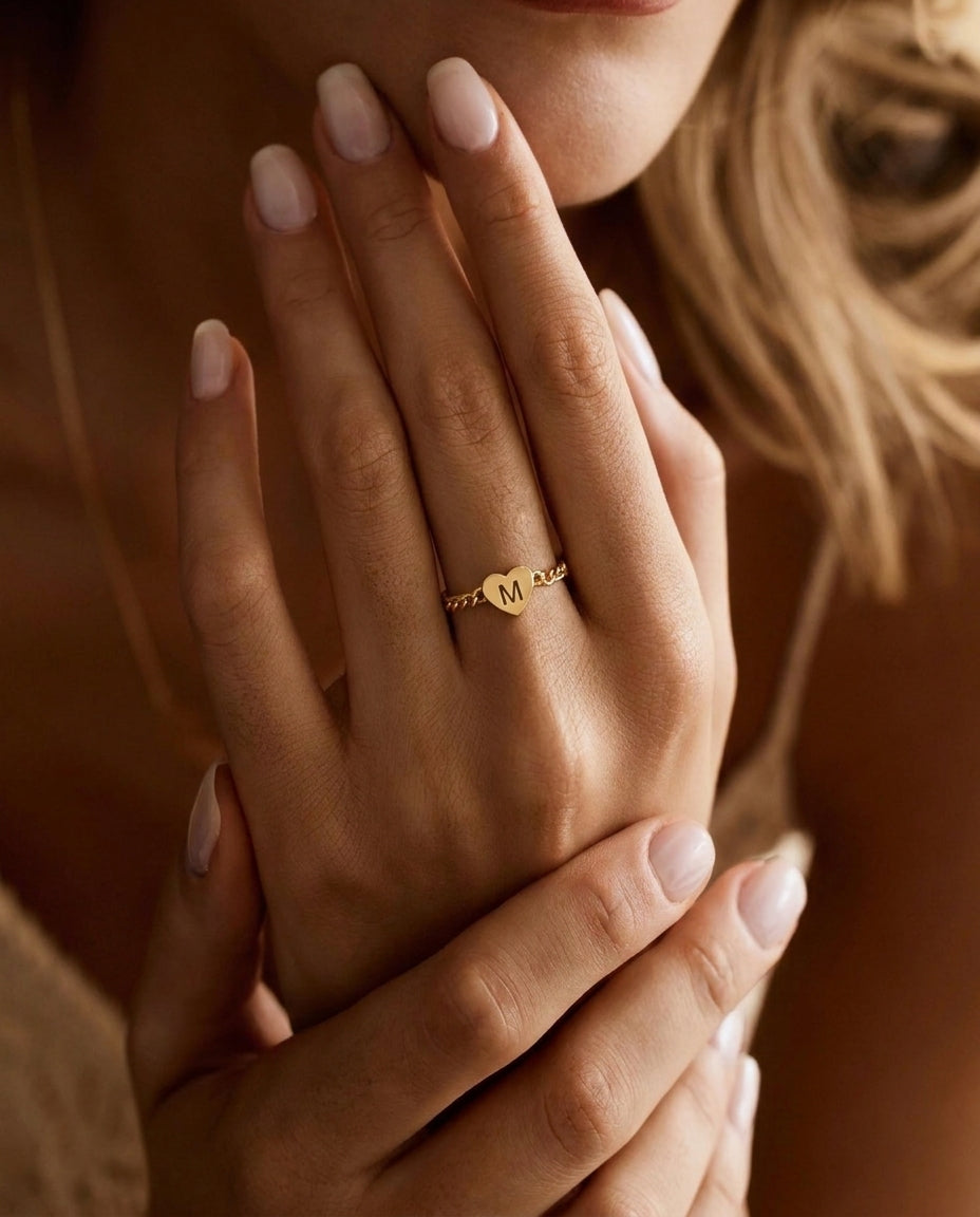Personalized Gold Initial Heart Ring | Dainty Chain Ring