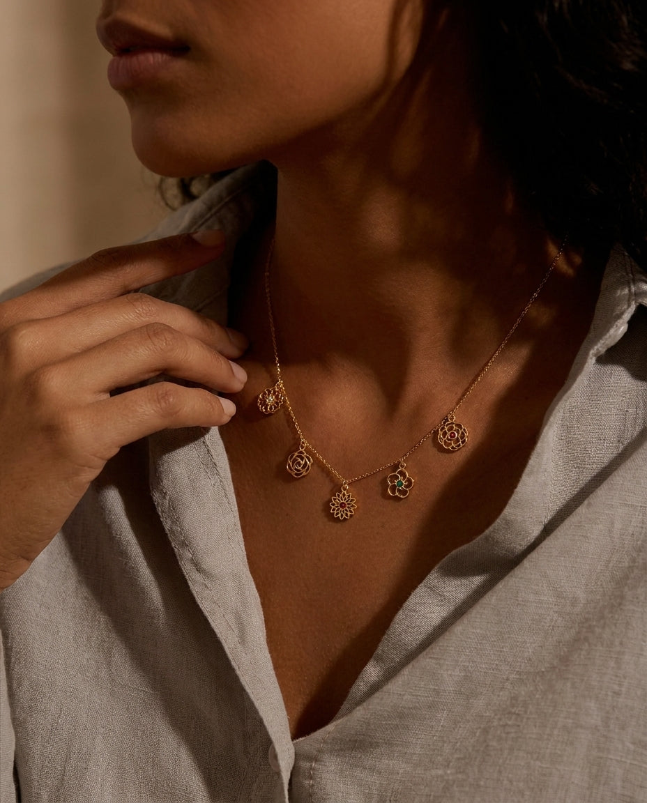 Dainty Gold Floral Charm Necklace with Gemstones