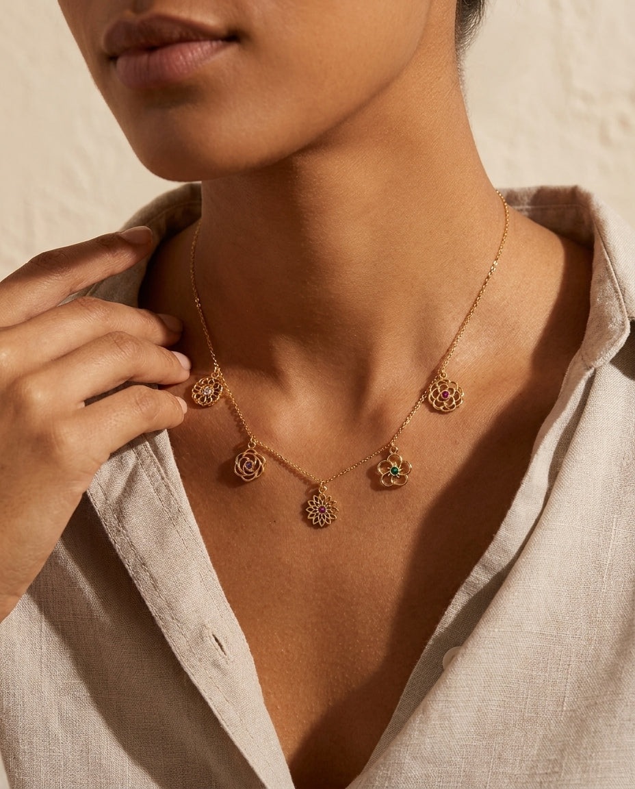 Dainty Gold Floral Charm Necklace with Gemstones
