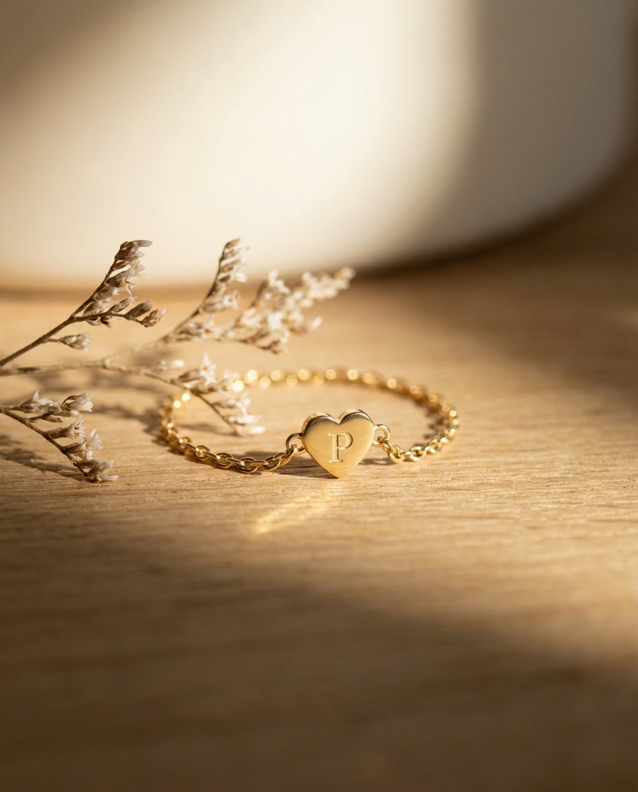 Personalized Gold Initial Heart Ring | Dainty Chain Ring
