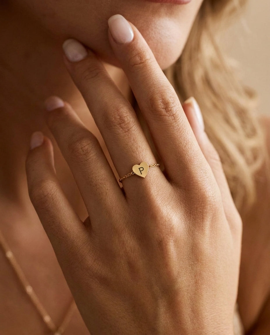 Personalized Gold Initial Heart Ring | Dainty Chain Ring