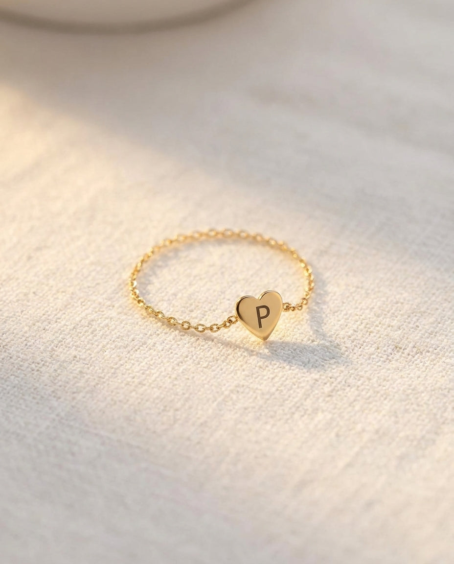 Personalized Gold Initial Heart Ring | Dainty Chain Ring