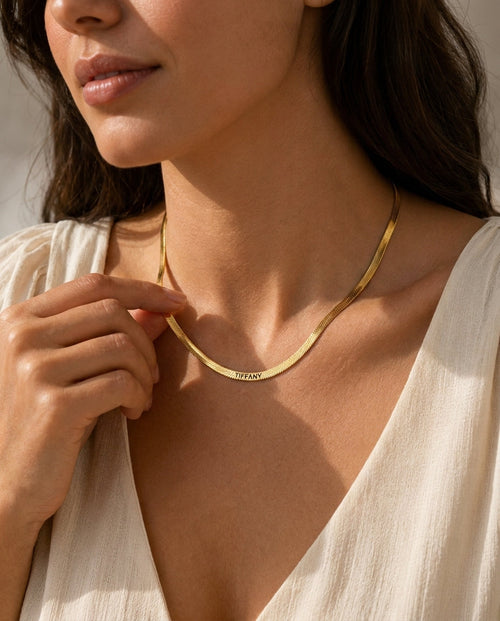 Personalized Engraved Gold Herringbone Name Necklace